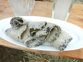 Vancouver Island Harvest� lunch - Fairmont Empress Hotel: herring roe on giant kelp (Macrocystis pyrifera) blades.