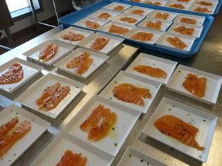 Salmon carpaccio ready to be taken to the dining room.