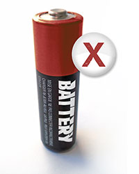 A double-A battery standing upright, with a circle near the top with a plus sign in it.