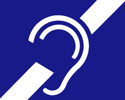 A picture of the international symbol for access for hearing loss, a stylized outline of an ear in white on a blue background, with a wide white diagonal line running from the upper right corner to the lower left corner.