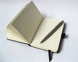 A notebook lying open on a desk, with a pen lying on one of the pages. The pages are blank.